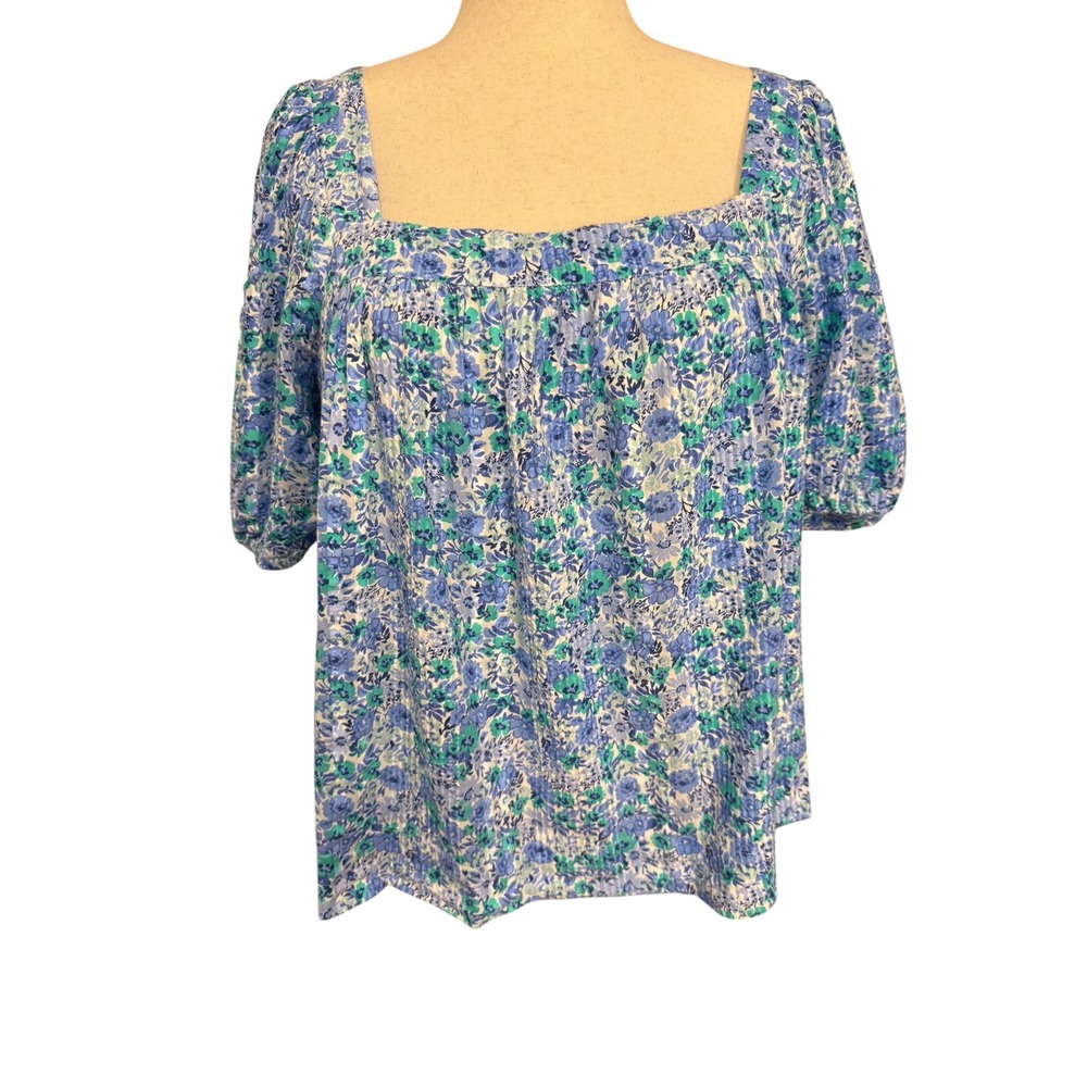 Vineyard Vines Helen Floral Seersucker Puff Sleeve Top Blue Green XL 2W001956